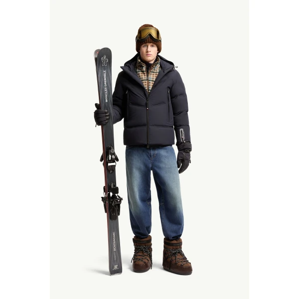 Moncler Angren Hooded Insulated Ski Jacket in Navy Blue, view 2 | Men's Skiwear | Coveti