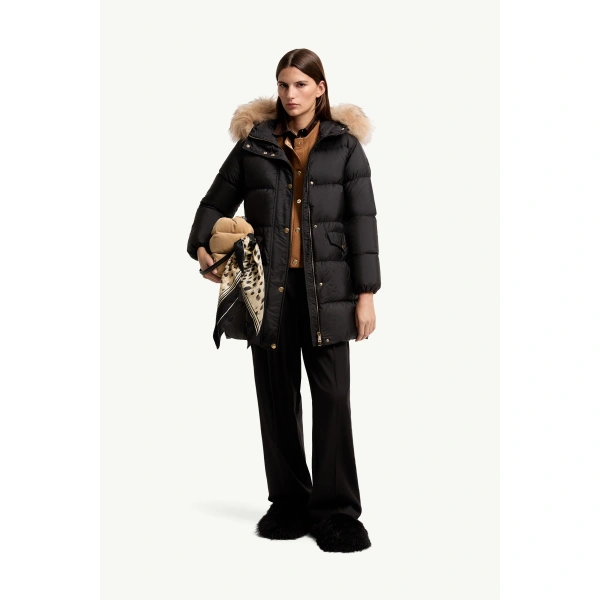 Moncler Aphroties Shearling Trimmed Hooded Long Down Parka Jacket in Black & Beige, view 2 | Women's Puffer and Down Coats | Coveti
