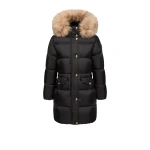 Moncler Aphroties Shearling Trimmed Hooded Long Down Parka Jacket in Black & Beige | Women's Puffer and Down Coats | Coveti