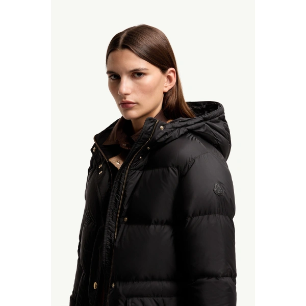 Moncler Aphroties Shearling Trimmed Hooded Long Down Parka Jacket in Black & Beige, view 3 | Women's Puffer and Down Coats | Coveti