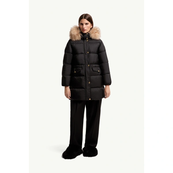 Moncler Aphroties Shearling Trimmed Hooded Long Down Parka Jacket in Black & Beige, view 4 | Women's Puffer and Down Coats | Coveti