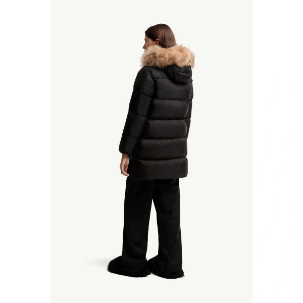 Moncler Aphroties Shearling Trimmed Hooded Long Down Parka Jacket in Black & Beige, view 5 | Women's Puffer and Down Coats | Coveti
