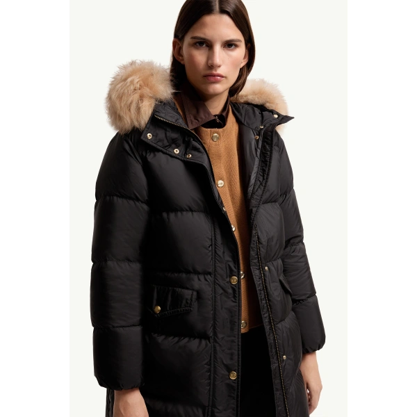 Moncler Aphroties Shearling Trimmed Hooded Long Down Parka Jacket in Black & Beige, view 6 | Women's Puffer and Down Coats | Coveti