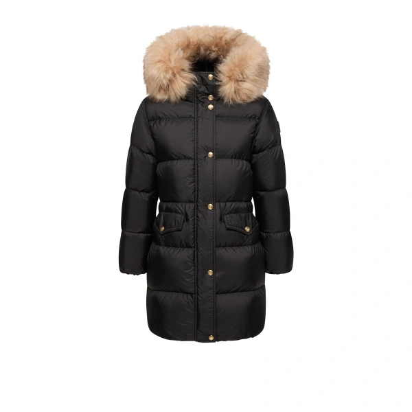 Moncler Aphroties Shearling Trimmed Hooded Long Down Parka Jacket in Black & Beige | Women's Puffer and Down Coats | Coveti
