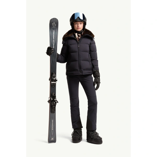 Moncler Arabbas Shearling-Trimmed Down Ski Jacket in Navy Blue, view 2 | Women's Ski Jackets | Coveti