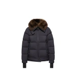 Moncler Arabbas Shearling-Trimmed Down Ski Jacket in Navy Blue | Women's Ski Jackets | Coveti