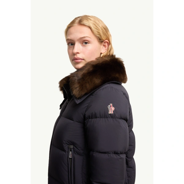 Moncler Arabbas Shearling-Trimmed Down Ski Jacket in Navy Blue, view 3 | Women's Ski Jackets | Coveti