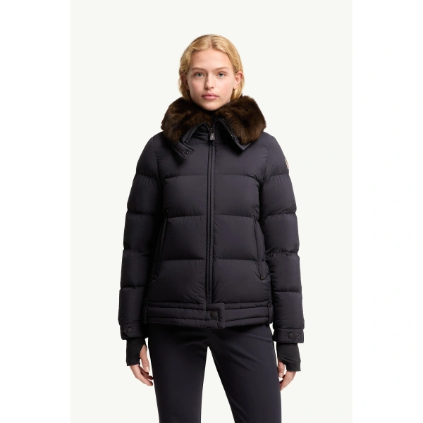 Moncler Arabbas Shearling-Trimmed Down Ski Jacket in Navy Blue, view 4 | Women's Ski Jackets | Coveti