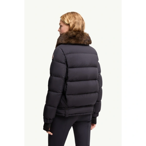 Moncler Arabbas Shearling-Trimmed Down Ski Jacket in Navy Blue, view 5 | Women's Ski Jackets | Coveti
