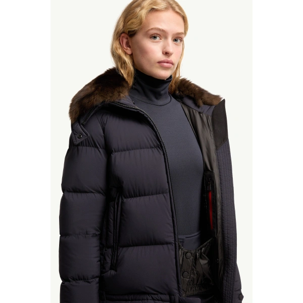 Moncler Arabbas Shearling-Trimmed Down Ski Jacket in Navy Blue, view 6 | Women's Ski Jackets | Coveti