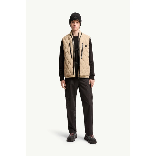 Moncler Arapot Froisse Technique Short Down Gilet in Beige, view 2 | Men's Jackets | Coveti