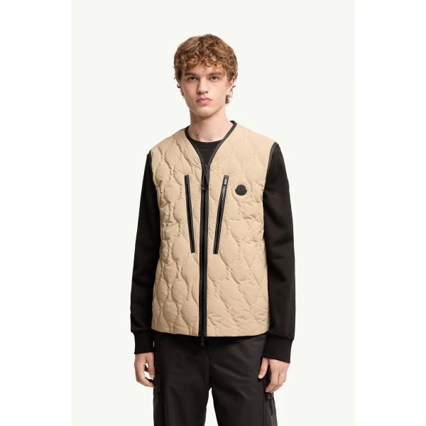 Moncler Arapot Froisse Technique Short Down Gilet in Beige, view 4 | Men's Jackets | Coveti