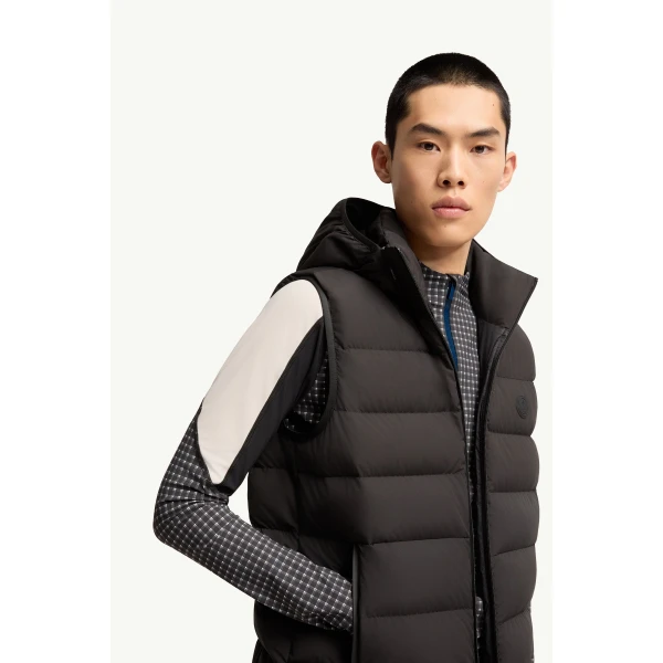 Moncler Arinella Hooded Down Gilet in Black, view 6 | Men's Jackets | Coveti