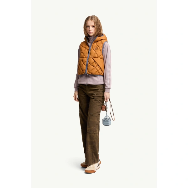 Moncler Armella Hooded Diamond-Quilted Down Gilet in Dark Yellow, view 2 | Women's Vests and Gilets | Coveti