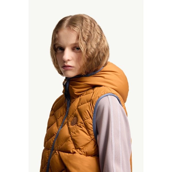 Moncler Armella Hooded Diamond-Quilted Down Gilet in Dark Yellow, view 3 | Women's Vests and Gilets | Coveti