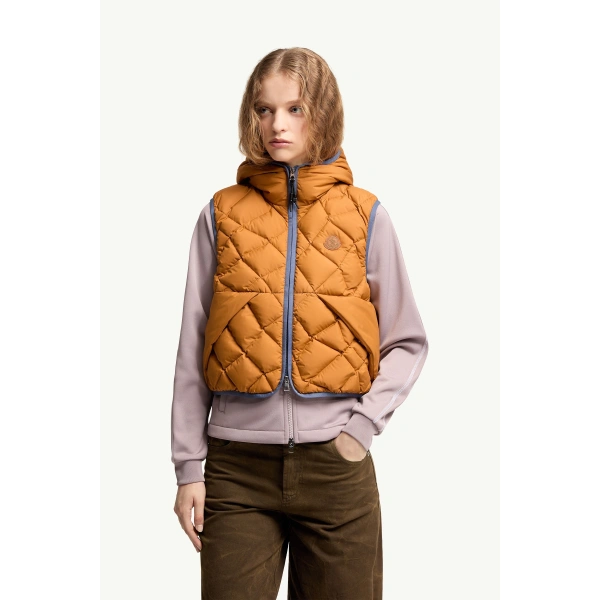 Moncler Armella Hooded Diamond-Quilted Down Gilet in Dark Yellow, view 4 | Women's Vests and Gilets | Coveti
