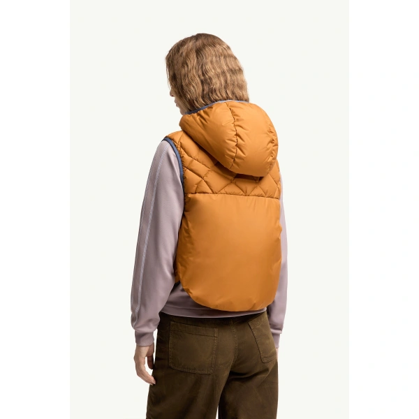 Moncler Armella Hooded Diamond-Quilted Down Gilet in Dark Yellow, view 5 | Women's Vests and Gilets | Coveti