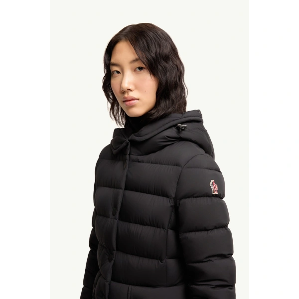 Moncler Armoniques Hooded Shearling-Trimmed Down Ski Jacket in Black, view 3 | Women's Ski Jackets | Coveti
