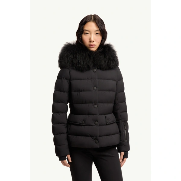 Moncler Armoniques Hooded Shearling-Trimmed Down Ski Jacket in Black, view 4 | Women's Ski Jackets | Coveti