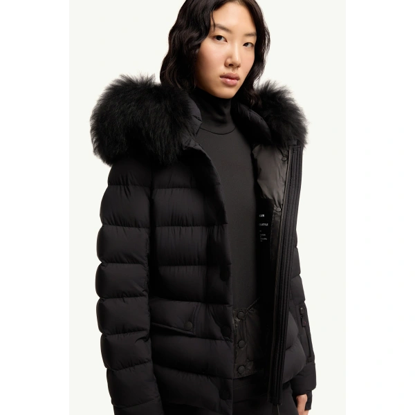 Moncler Armoniques Hooded Shearling-Trimmed Down Ski Jacket in Black, view 6 | Women's Ski Jackets | Coveti