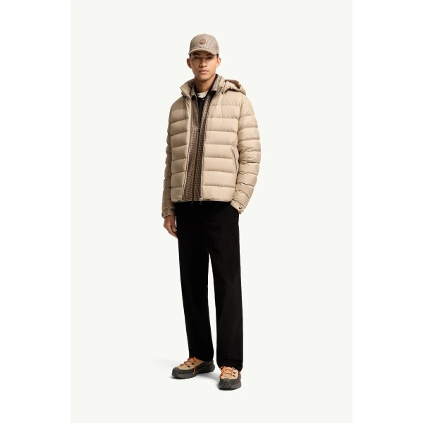 Moncler Arneb Hooded Short Down Jacket in Beige, view 2 | Men's Jackets | Coveti