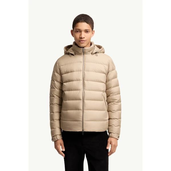 Moncler Arneb Hooded Short Down Jacket in Beige, view 4 | Men's Jackets | Coveti