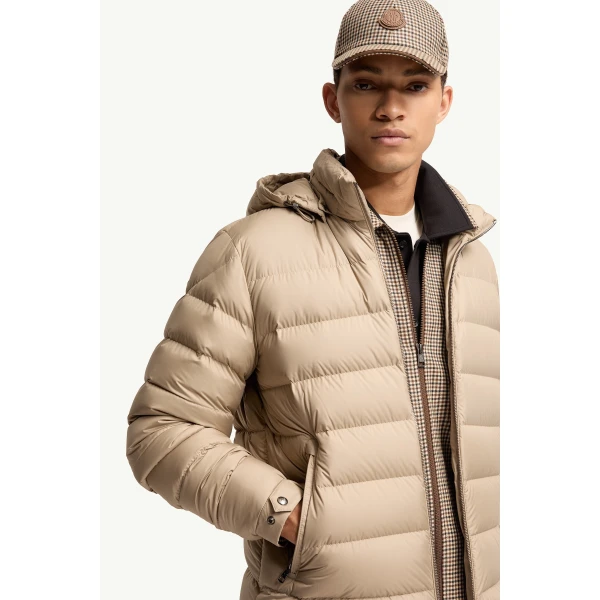 Moncler Arneb Hooded Short Down Jacket in Beige, view 6 | Men's Jackets | Coveti
