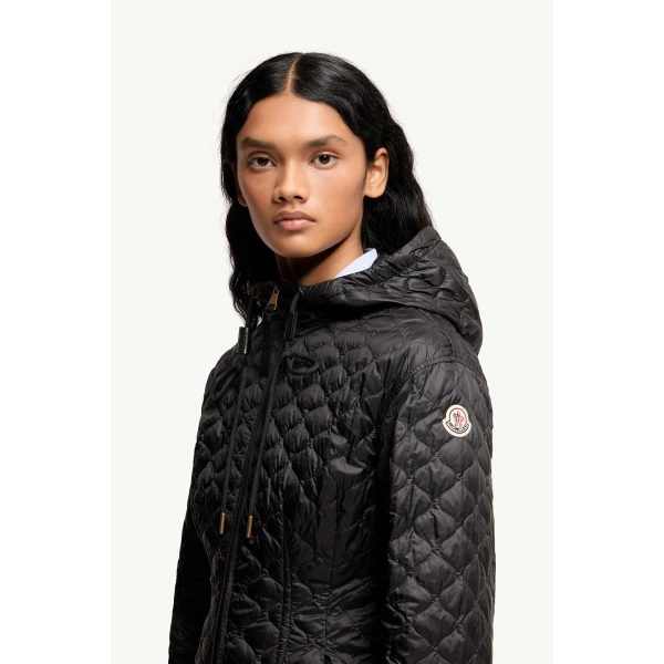 Moncler Arum Hooded Mid-Length Down Jacket in Black, view 3 | Women's Puffer Jackets | Coveti