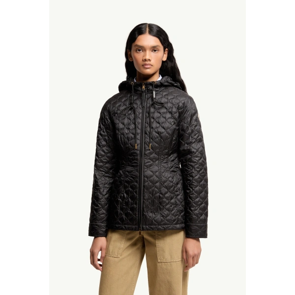 Moncler Arum Hooded Mid-Length Down Jacket in Black, view 4 | Women's Puffer Jackets | Coveti