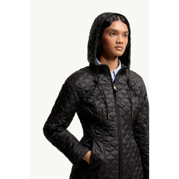 Moncler Arum Hooded Mid-Length Down Jacket in Black, view 6 | Women's Puffer Jackets | Coveti