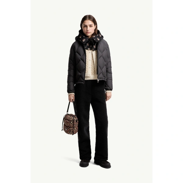 Moncler Arvouinne Hooded Triangle-Quilted Short Down Jacket in Black, view 2 | Women's Puffer Jackets | Coveti