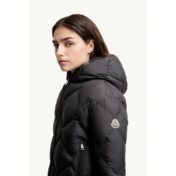 Moncler Arvouinne Hooded Triangle-Quilted Short Down Jacket in Black, view 3 | Women's Puffer Jackets | Coveti