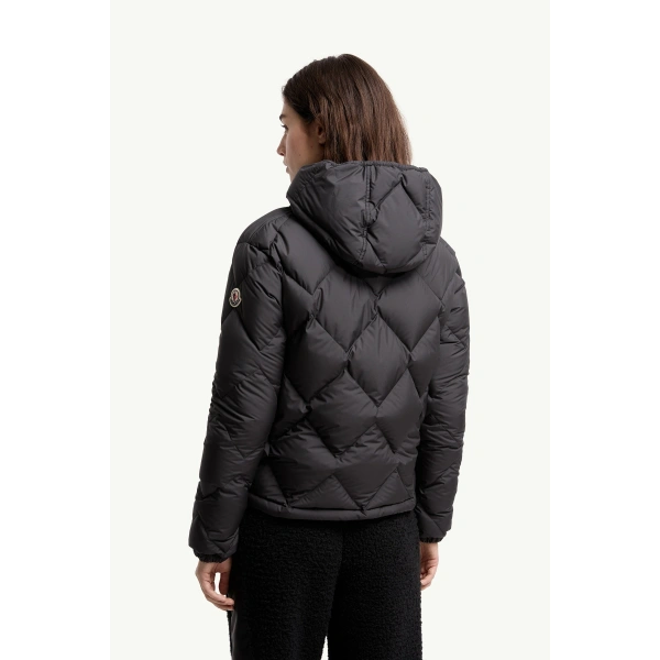 Moncler Arvouinne Hooded Triangle-Quilted Short Down Jacket in Black, view 5 | Women's Puffer Jackets | Coveti