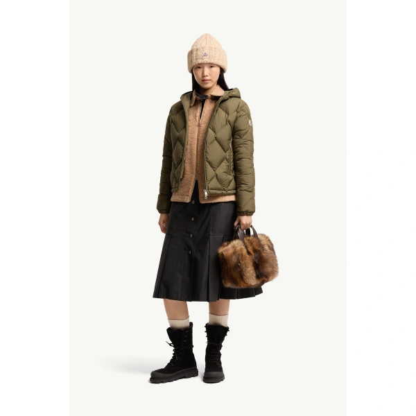 Moncler Arvouinne Hooded Triangle-Quilted Short Down Jacket in Olive Green, view 2 | Women's Puffer Jackets | Coveti
