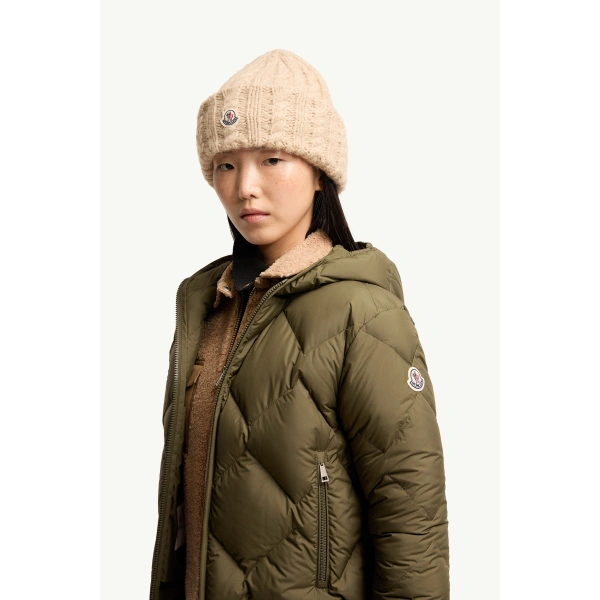 Moncler Arvouinne Hooded Triangle-Quilted Short Down Jacket in Olive Green, view 3 | Women's Puffer Jackets | Coveti