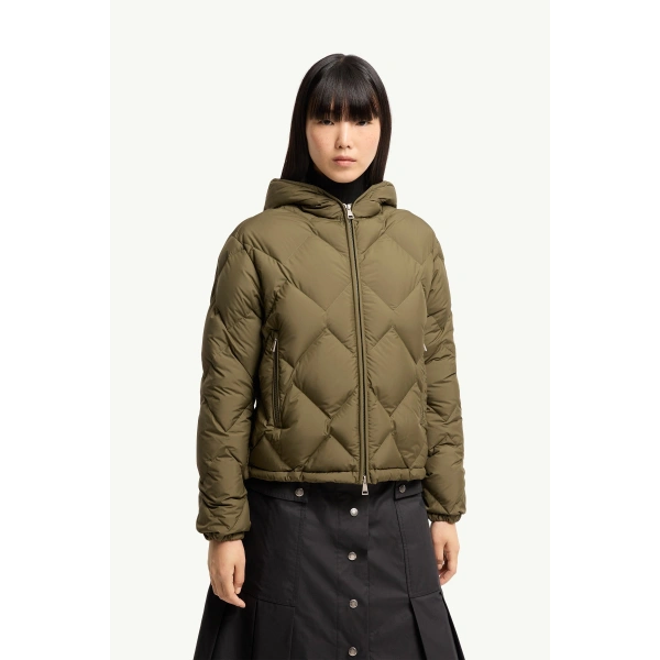 Moncler Arvouinne Hooded Triangle-Quilted Short Down Jacket in Olive Green, view 4 | Women's Puffer Jackets | Coveti