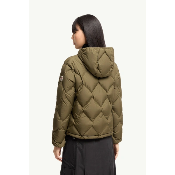 Moncler Arvouinne Hooded Triangle-Quilted Short Down Jacket in Olive Green, view 5 | Women's Puffer Jackets | Coveti