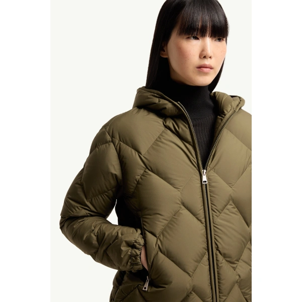 Moncler Arvouinne Hooded Triangle-Quilted Short Down Jacket in Olive Green, view 6 | Women's Puffer Jackets | Coveti