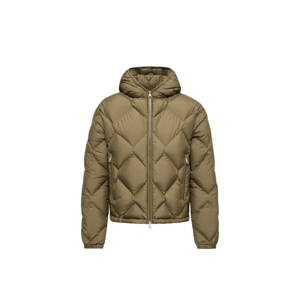Arvouinne Hooded Triangle-Quilted Short Down Jacket in Olive Green