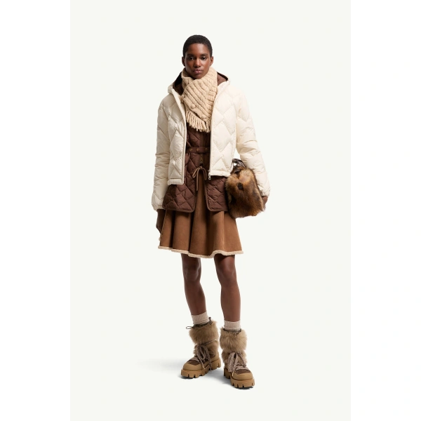 Moncler Arvouinne Hooded Triangle-Quilted Short Down Jacket in White Ivory, view 2 | Women's Puffer Jackets | Coveti