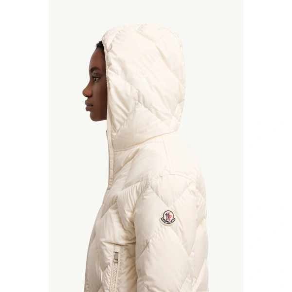 Moncler Arvouinne Hooded Triangle-Quilted Short Down Jacket in White Ivory, view 3 | Women's Puffer Jackets | Coveti