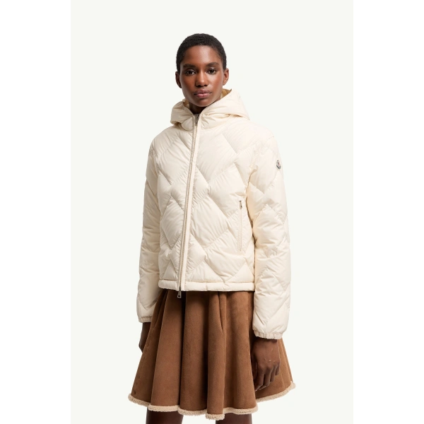 Moncler Arvouinne Hooded Triangle-Quilted Short Down Jacket in White Ivory, view 4 | Women's Puffer Jackets | Coveti