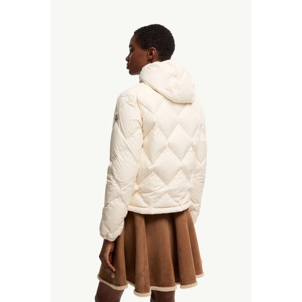 Moncler Arvouinne Hooded Triangle-Quilted Short Down Jacket in White Ivory, view 5 | Women's Puffer Jackets | Coveti