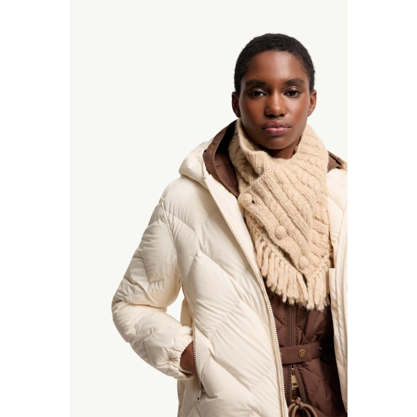 Moncler Arvouinne Hooded Triangle-Quilted Short Down Jacket in White Ivory, view 6 | Women's Puffer Jackets | Coveti