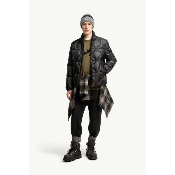 Moncler Asurel Geometric Quilted Short Down Jacket in Black, view 2 | Men's Jackets | Coveti