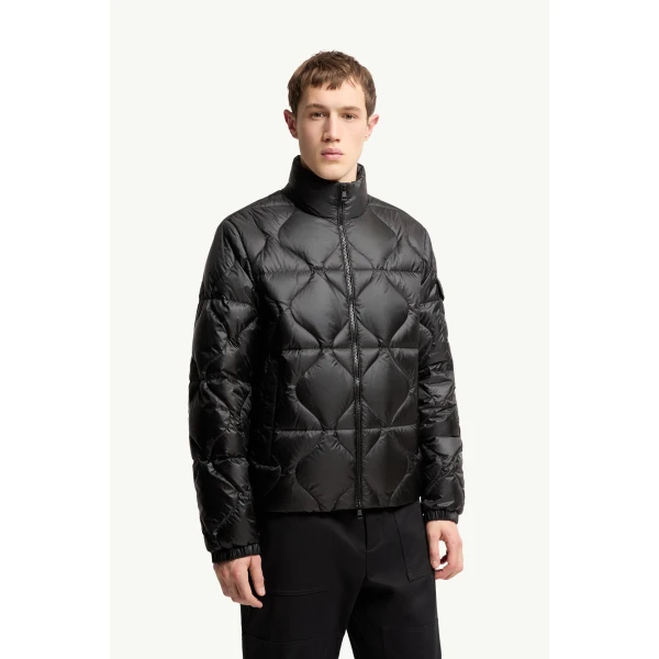 Moncler Asurel Geometric Quilted Short Down Jacket in Black, view 4 | Men's Jackets | Coveti