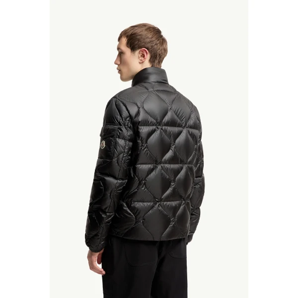Moncler Asurel Geometric Quilted Short Down Jacket in Black, view 5 | Men's Jackets | Coveti