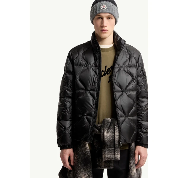 Moncler Asurel Geometric Quilted Short Down Jacket in Black, view 6 | Men's Jackets | Coveti