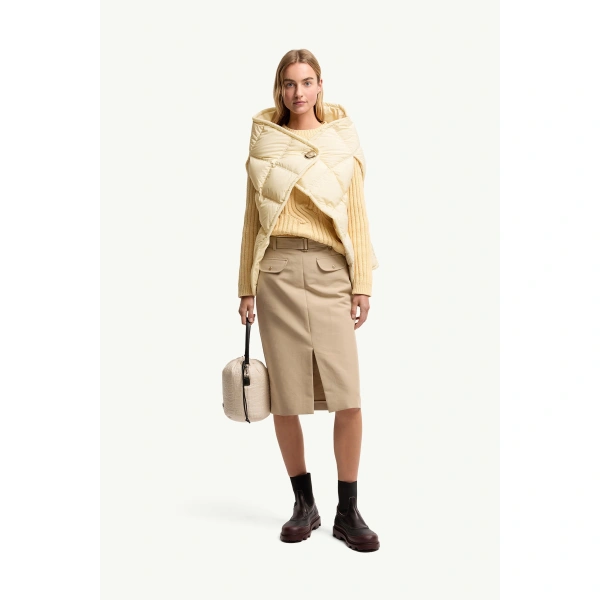 Moncler Asymmetrical Down Cape in White Ivory, view 2 | Women's Cape Coats | Coveti
