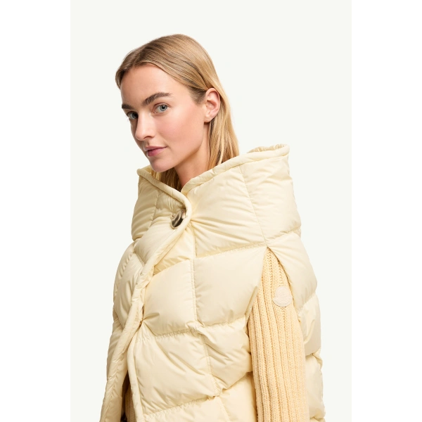 Moncler Asymmetrical Down Cape in White Ivory, view 3 | Women's Cape Coats | Coveti